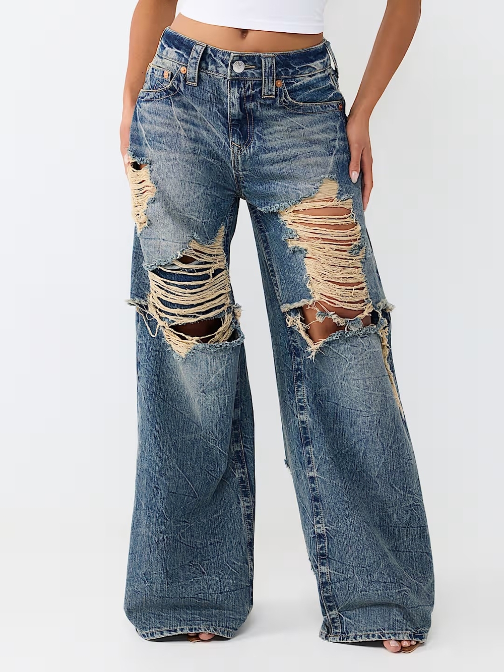True Religion jessie mid rise destroyed layered super baggy jean